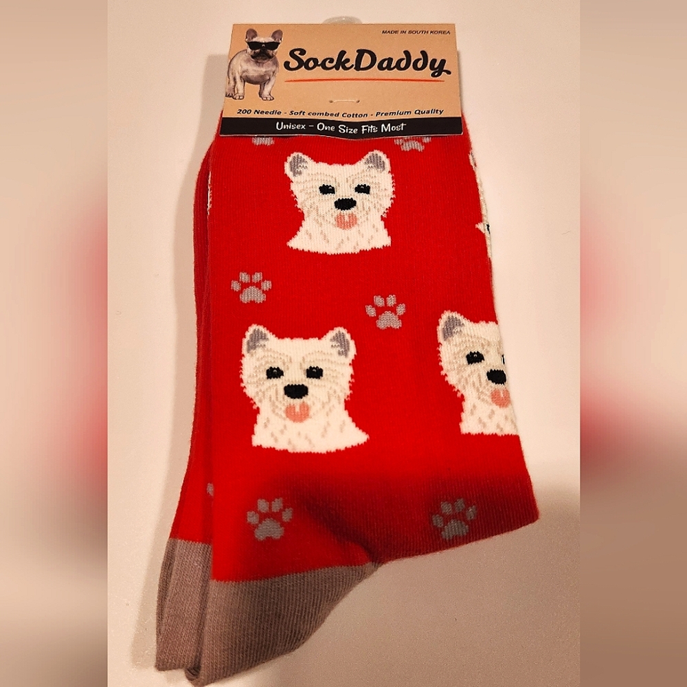 Sock Daddy Red/White Westie Dog Socks NWT Unisex